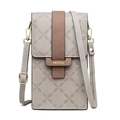 Detalle de bolso para móvil gris con correa marrón y adornos metálicos dorados - Gris