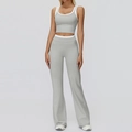 Two-piece light grey yoga set with crop top and flared leggings featuring white contrast trim - S / Top And Bottom (Tank Top + Flared Pants) / Clay Grey