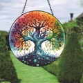 Colorful Tree of Life round acrylic pendant with rainbow leaves and black hanging chain - Tree of Life