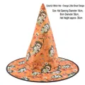Orange Halloween witch hat with pumpkin prints, measuring 38cm brim and 35cm high - Colorful Witch Hat Orange Ghost