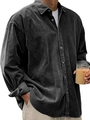 Men's dark gray corduroy long sleeve warm shirt with a relaxed fit and cozy texture - Black