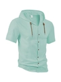 Close-up of the size label and drawstring detail on the mint green cotton hooded shirt - Cyan
