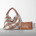 Brown checkerboard woven bucket tote bag with a matching brown leather pouch set - Brown and White