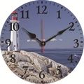 Silent vintage wood wall clock featuring a colorful seaside lighthouse and red second hand - Multi-color Seaside Lighthouse