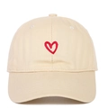 Detail of red heart embroidery on a beige cotton canvas baseball cap with neat stitching - Red Heart Embroidery / Beige