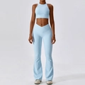 Light blue ribbed yoga set featuring a sleeveless crop top and high-waist flared pants - S / -2 Bra + Flare Pants / Sky Blue