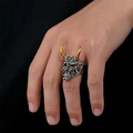 Retro hip hop bull skull ring for men with golden horns and vintage silver finish - Antique Gold and Silver Hannya Mask
