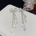 Elegant silver tassel earrings with crystal bow and sparkling rhinestone details - E0077 Silver Needle (Aurora Bow Full Diamond Tassel Silver)