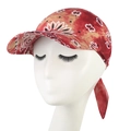 Detail showing the red and yellow paisley pattern on the lightweight bandana sun cap - L / Orange Red