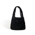 Minimalist black hand-woven cotton rope tote bag in a hollow crochet design - Black (with inner bag)