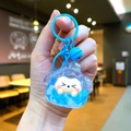 Detailed view of blue liquid sand keychain with a cute white sheep inside a capsule - Lobster Clasp Style / Noctilucent Bubble Bead Blue Style