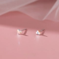 S999 Sterling Silber Herzstecker mit irisierendem Kristall auf rosa Hintergrund - 990 Silber / 4mm / Weißgold