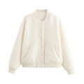 Blouson aviateur en sherpa crème pour femme avec boutons et col baseball décontracté - S / Blanc Cassé