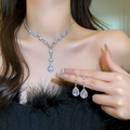 Sparkling silver fringe necklace and earring set with pear-cut crystals for women - Silver Rhinestone Water Drop V-Shape Tassel Style