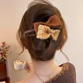 Pince à cheveux double nœud en tweed marron, grand accessoire élégant de 11,5 cm - Nœud Papillon Café Tissé Jaune (4#) / env. 11.5cm