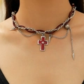 Gothic Y2K choker with burgundy leather, silver chains, and red cross pendant - Heavy Cross Leather Chain Style (WG-0217) / Burgundy
