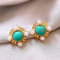 Puces d'oreilles vintage avec turquoise, cadre doré tressé et perles blanches - 45# Tige en Argent-Or-Bleu-Blanc