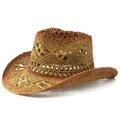 Macro detail of the brown woven straw cowboy hat showing hollow texture and fiber - M (56-58cm) / Khaki Burnt Gradient Style