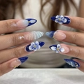 3D porcelain flower almond press-on nails in blue and white theme with gold studs - Blue And White Retro 3D Flower (JP3907)
