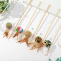 Five-pack interactive cat toys with wooden sticks, colorful plush balls, and brown feathers - Pom Pom Feather