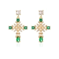 Pendientes de cruz bañados en oro de 18K con circón verde y perla en superficie lisa - Estilo de Perla de Cruz / Dorado