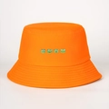 Detail view of orange cotton bucket hat featuring four cartoon frog prints on front - M (56-58cm) / Orange