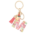 Translucent resin letter M keychain with fruit slices, pink tassel, and gold-tone metal hardware - M