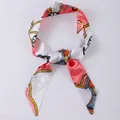Narrow silk twilly scarf with pink block print and golden chain anchor nautical pattern - X12-Multi