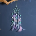 Cyan star-shaped dream catcher with pink feathers and pom-poms for room decor - Green Star
