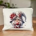Off-white canvas pouch with gnome illustration, red roses and heart for storage - Pattern 6/Grey Hat Heart Gnome