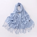 Elegant light blue thick warm scarf with tassel details for women, soft cashmere feel - Light Blue
