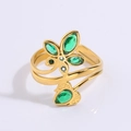 Golden titanium steel butterfly ring with green gemstone flower and adjustable band - Five-Petal Flower Emerald Style (JZ25-5)