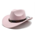 Detail of pink felt cowboy hat featuring leather band and metal bull head ornament - M (56-58cm) / Pink