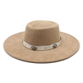 Chapeau fedora beige à large bord avec bande en cuir blanc et ornements en argent - M(56-59CM) / Chameau