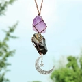Pendentif de voiture en améthyste et tourmaline brute avec breloques de lune et étoile argent - Corde Marron + Améthyste + Obsidienne
