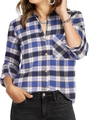 Detail of blue and black plaid women shirt showing button-down collar and chest pocket - S / Blue