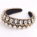 Luxury Baroque black sponge headband with large crystal grid pattern and gold trim - White