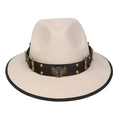 Retro cream white cowboy hat featuring brown leather band and metallic eagle wings emblem - M (56-58cm) / Beige (91 Series Dual Guns Wings Badge Decor)