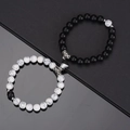 Magnetic couples bracelets with black and white natural stones and heart attraction - White Turquoise & Frosted Black With Contrast Heart Magnet