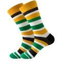 Detail shot of multi-color striped mid-calf socks in yellow black white and green knit - Yellow Green White Stripes