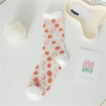 Sheer white crew socks with orange floral embroidery and ruffled edges in flat lay style - One Size / Daisy Orange