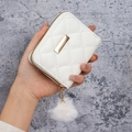 Chic white quilted mini wallet with pompom charm and gold-tone hardware detail - White