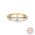 S925 sterling silver flower ring with pink gems and blue crystals in golden finish - US 6 / Style 1-Flower