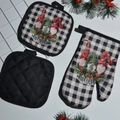 Christmas gnome oven mitt and pot holder set in black and white buffalo check pattern - 3 Clown Elves