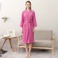 Women's rose red waffle robe with long sleeves, tie waist and pockets for summer comfort - Rose Red (Women)