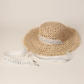 Détail du chapeau de soleil en raphia avec ruban dentelle fleurie et bord effiloché - M(56-58cm) / Ruban Floral Bleu