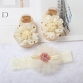 Beige baby shoes with gold dots and matching lace floral headband set on white fur - Beige Flower/Pink Accents