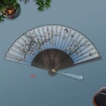 Blue gradient silk folding fan with plum blossoms, butterfly print and silk tassel - Black Ribs Style 77