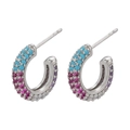 Close-up of C-shaped silver earrings with three rows of multi-color micro-pave zircons - 1 Pair / White Gold Multicolor