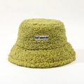 Detail of lime green sherpa bucket hat featuring a textured curly fleece and logo patch - M (56-58cm) / Green